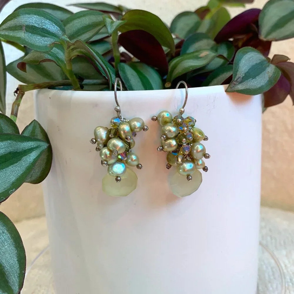 Bespoke Handmade Green Freshwater Pearl Quartz Crystal Sterling Silver Earrings